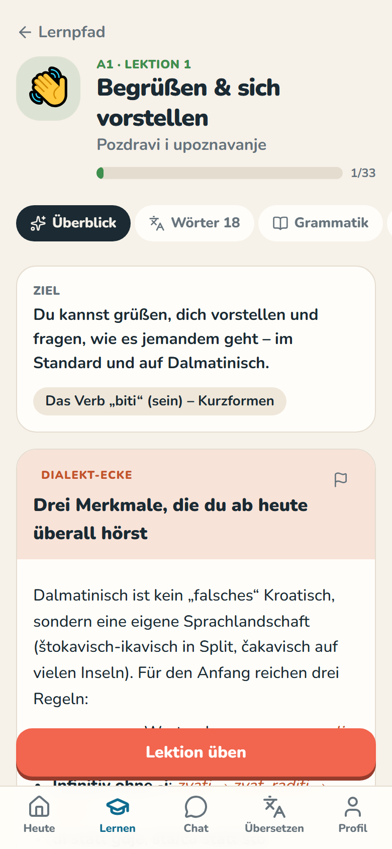 Screenshot: Lektionen von A1 bis C2