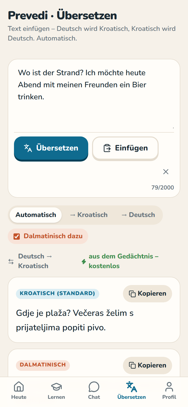 Screenshot: Übersetzen mit Dalmatinisch