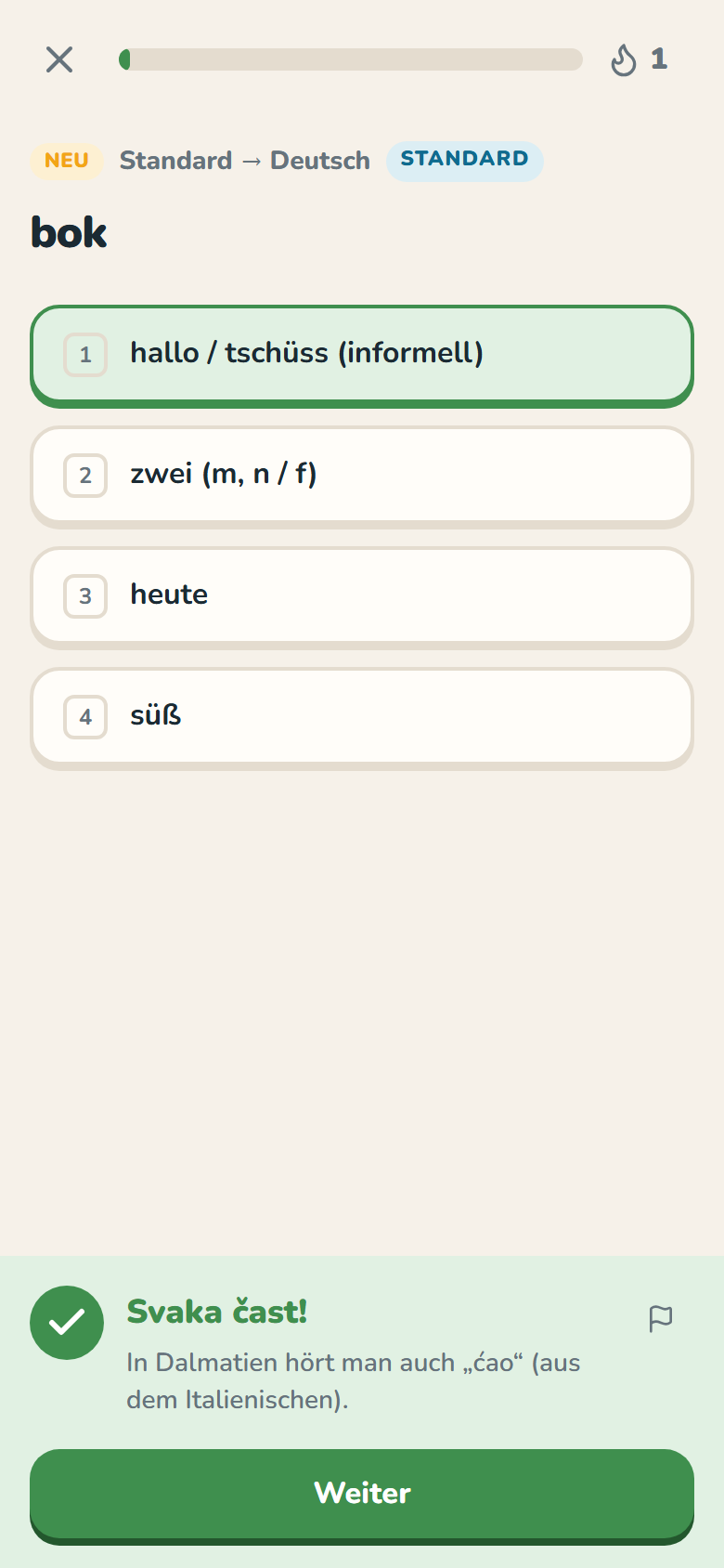 Screenshot: Übungen – Standard und Dalmatinisch